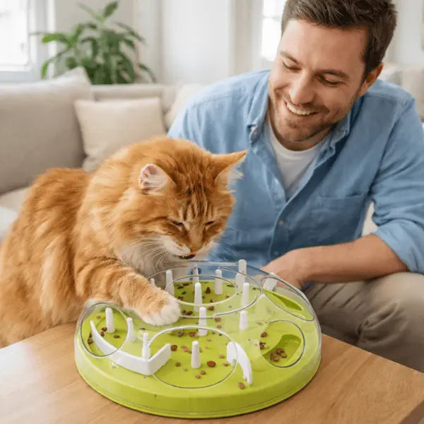 Maine coon utilisant une gamelle ludique pour attraper ses croquettes dans un jeu interactif anti-glouton
