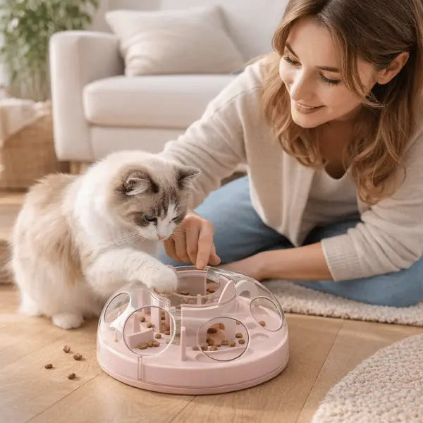 Gamelle ludique chat utilisée dans un salon pour réduire le stress et stimuler mentalement le ragdoll pendant le repas