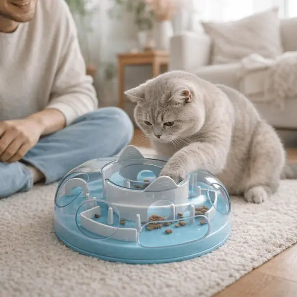 Propriétaire jouant avec son chat utilisant une gamelle ludique interactive pour enrichissement alimentaire