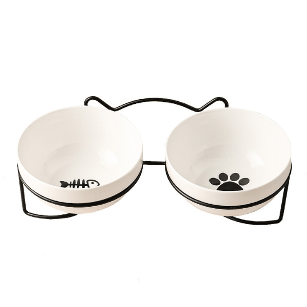 Gamelle pour chat céramique double bol blanc surélevée motif poisson patte support noir - Bol-CéramiCat™