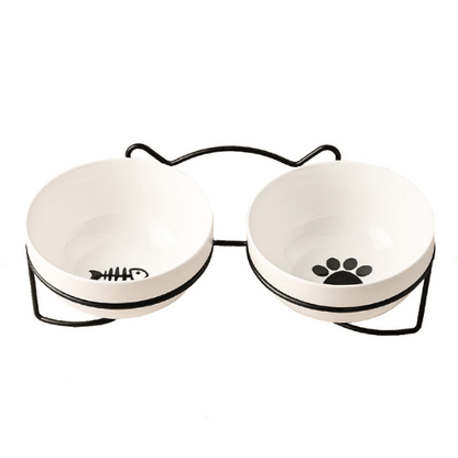 Gamelle pour chat céramique double bol blanc surélevée motif poisson patte support noir - Bol-CéramiCat™