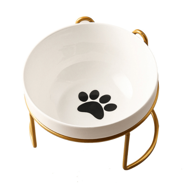 Gamelle pour chat céramique simple bol blanc surélevée motif patte support doré - Bol-CéramiCat™