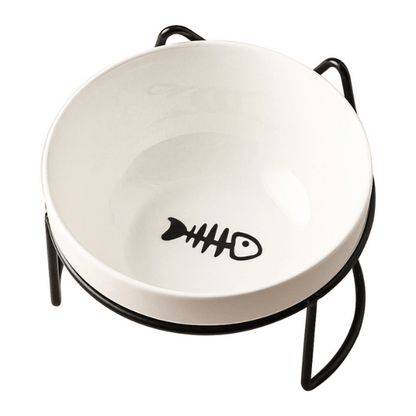 Gamelle pour chat céramique simple bol blanc surélevée motif poisson support noir - Bol-CéramiCat™
