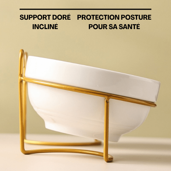Gamelle pour chat simple surélevée bol inclinée céramique support doré - Bol CéramiCat™