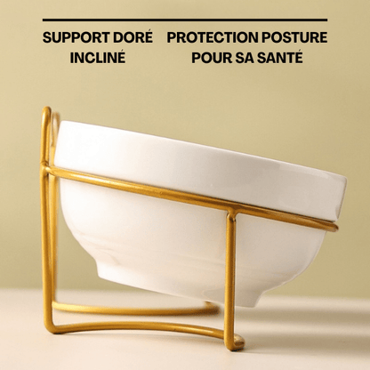 Gamelle pour chat simple surélevée bol inclinée céramique support doré - Bol CéramiCat™