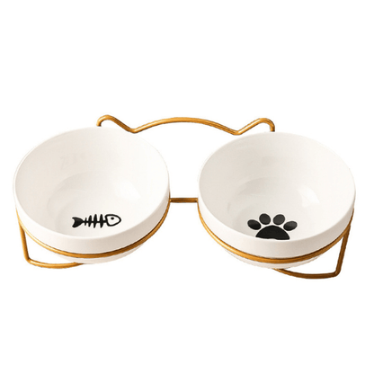 Gamelle pour chat céramique double bol blanc surélevée motif poisson patte support doré - Bol-CéramiCat™