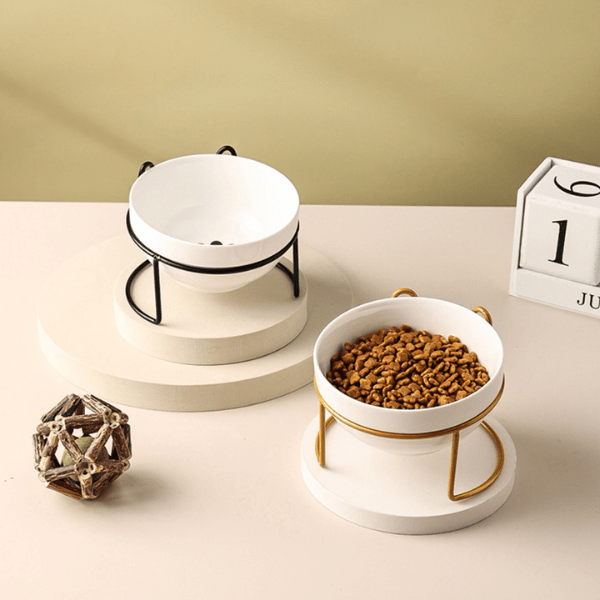 Gamelle pour chat surélevée simple bol céramique par 2 support noir et doré eau croquettes - Bol CéramiCat™