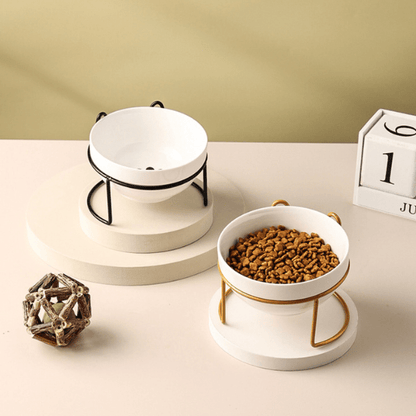 Gamelle pour chat surélevée simple bol céramique par 2 support noir et doré eau croquettes - Bol CéramiCat™