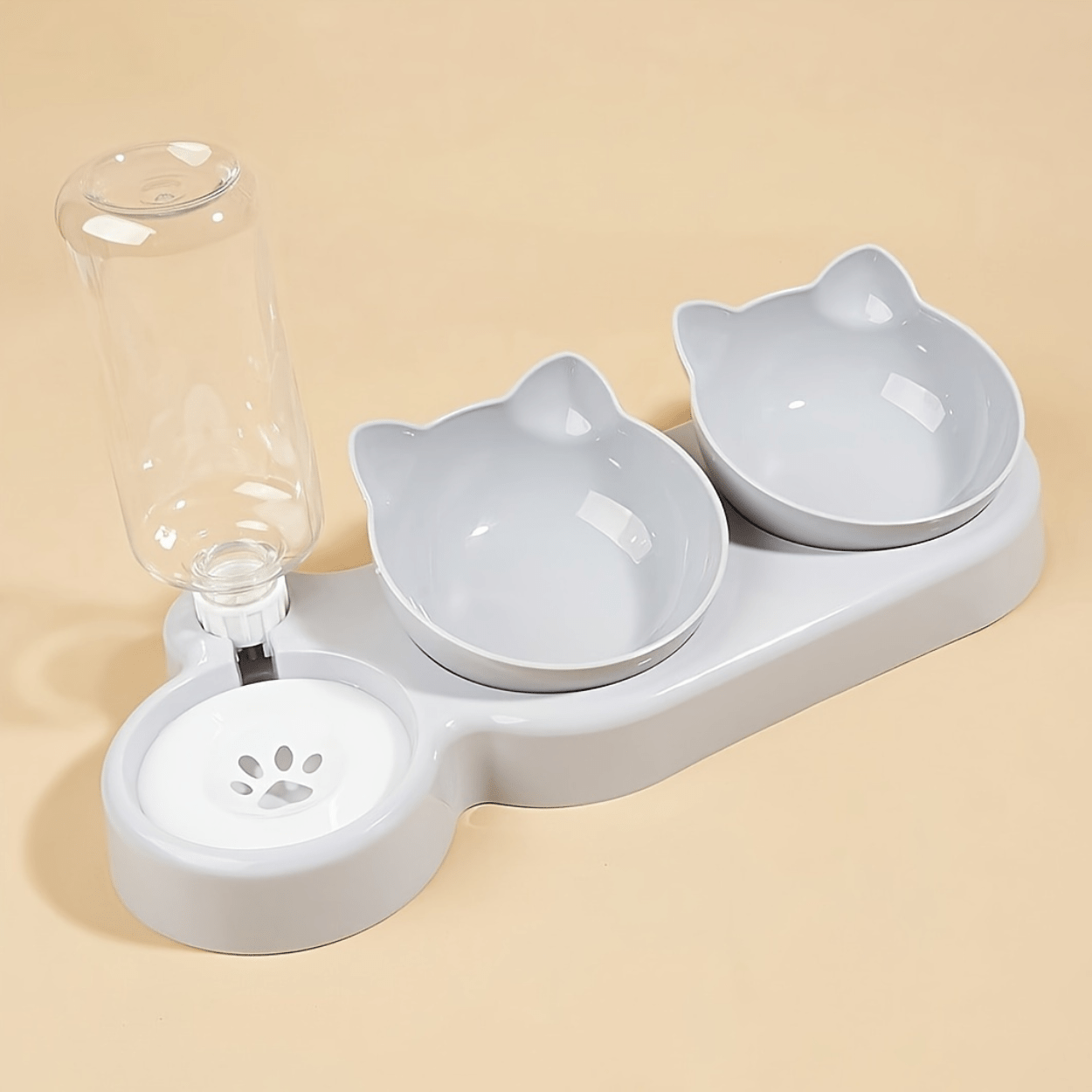Gamelle pour chat double bol design et distributeur eau grise - Buffet-Cat™