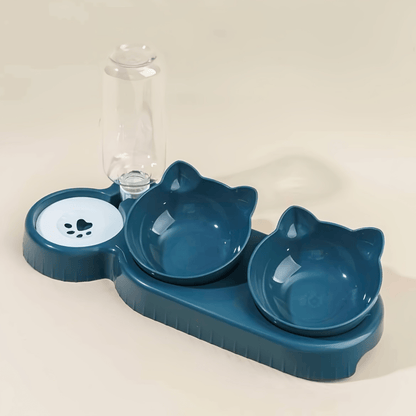 Gamelle pour chat double bol design et distributeur eau bleu - Buffet-Cat™