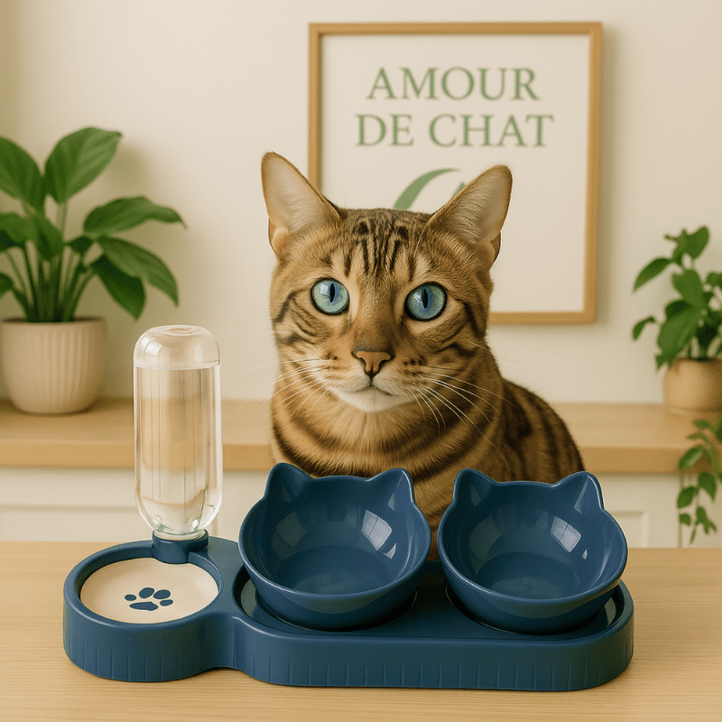 Gamelle pour chat double bol et distributeur eau chat bleu avec félin cuisine - Buffet-Cat™