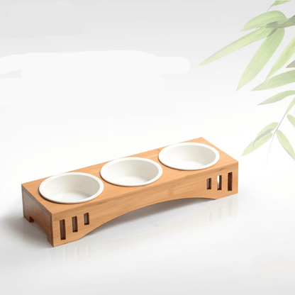 Gamelle pour chat triple bol céramique support bois bambou dimensions - Céraminox-Cat™