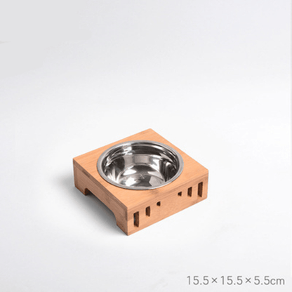 Gamelle pour chat simple bol inox support bois bambou dimensions - Céraminox-Cat™