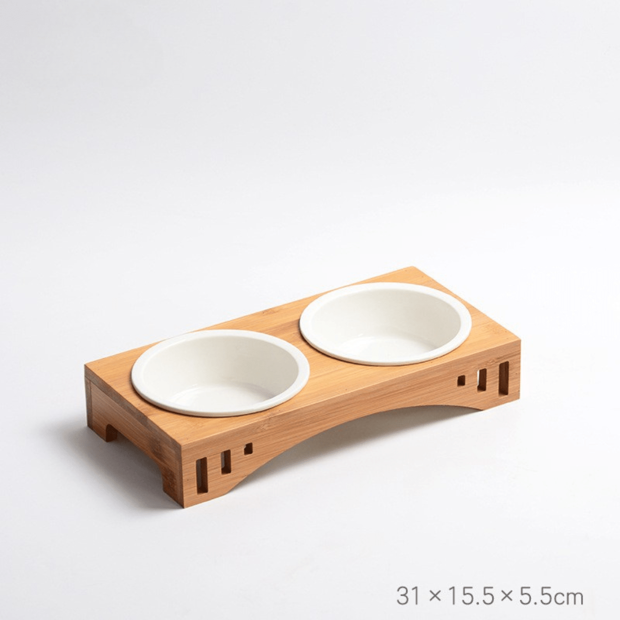 Gamelle pour chat double bol céramique support bois bambou dimensions - Céraminox-Cat™