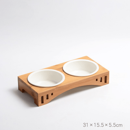 Gamelle pour chat double bol céramique support bois bambou dimensions - Céraminox-Cat™