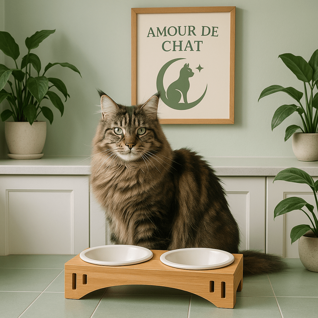 Gamelle pour chat double bol céramique blanc avec maine coon dans cuisine - Céraminox-Cat™