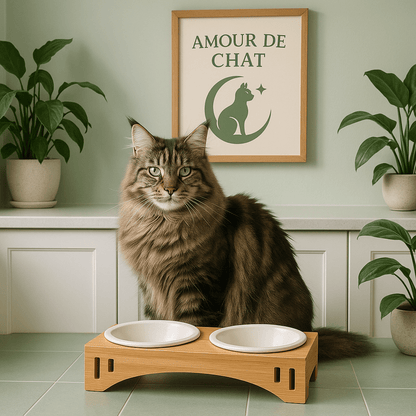 Gamelle pour chat double bol céramique blanc avec maine coon dans cuisine - Céraminox-Cat™