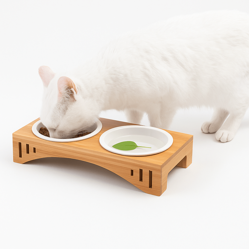 Chat blanc qui mange dans gamelle pour chat double bol céramique support surélevé - Céraminox-Cat™