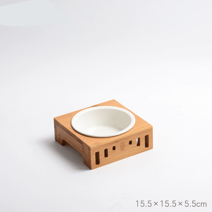 Gamelle pour chat simple bol céramique support bois bambou dimensions - Céraminox-Cat™