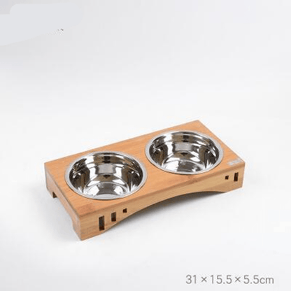 Gamelle pour chat double bol inox support bois bambou dimensions - Céraminox-Cat™