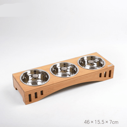 Gamelle pour chat triple bol inox support bois bambou dimensions - Céraminox-Cat™