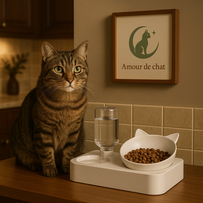 Félin tigré dans cuisine avec gamelle pour chat double eau et croquettes - Croc-Water™