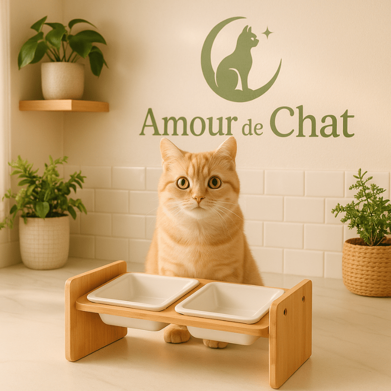 Gamelle pour chat céramique double bol blanc surélevé avec félin beige cuisine - Daily-Moustache™