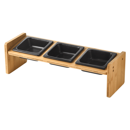 Gamelle pour chat céramique triple bol carré noir support bois surélevé incliné - Daily-Moustache™