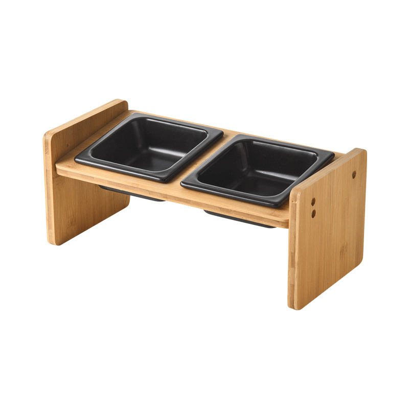 Gamelle pour chat céramique double bol carré noir support bois surélevé incliné - Daily-Moustache™