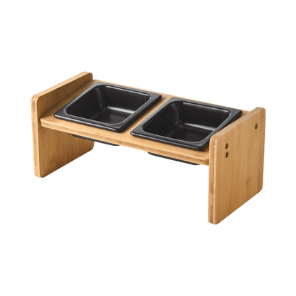 Gamelle pour chat céramique double bol carré noir support bois surélevé incliné - Daily-Moustache™
