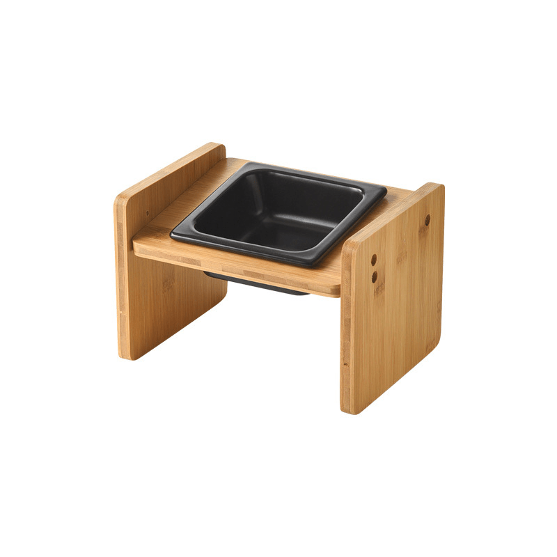 Gamelle pour chat céramique bol carré noir support bois surélevé incliné - Daily-Moustache™