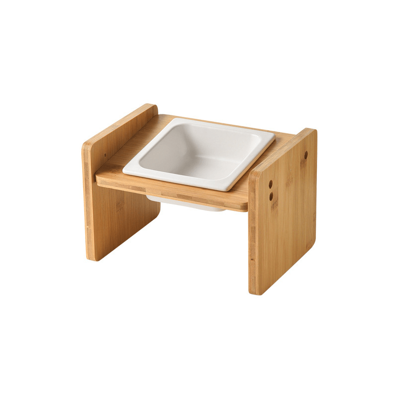 Gamelle pour chat céramique bol carré blanc support bois surélevé incliné - Daily-Moustache™