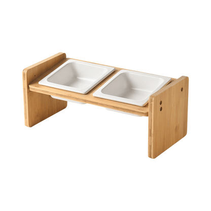Gamelle pour chat céramique double bol carré blanc support bois surélevé incliné - Daily-Moustache™