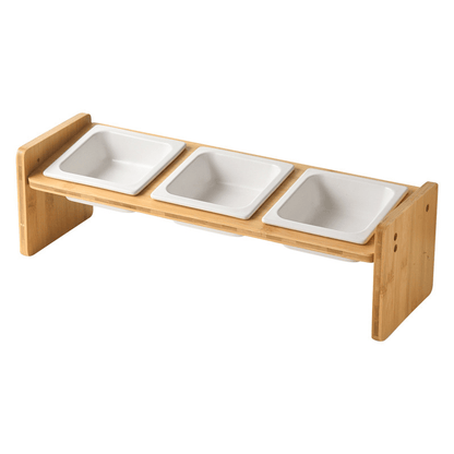 Gamelle pour chat céramique triple bol carré blanc support bois surélevé incliné - Daily-Moustache™