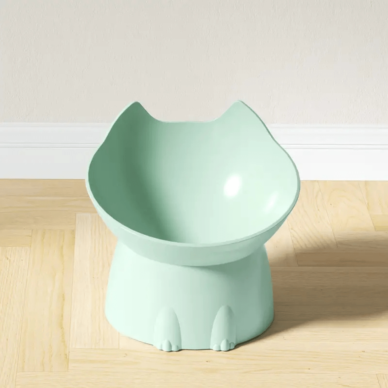 Gamelle pour chat inclinée surélevée tête de chat verte sol salon - Dîner-Levé™