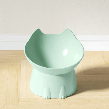 Gamelle pour chat inclinée surélevée tête de chat verte sol salon - Dîner-Levé™