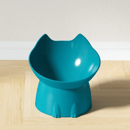 Gamelle pour chat inclinée surélevée tête de chat bleue sol salon - Dîner-Levé™