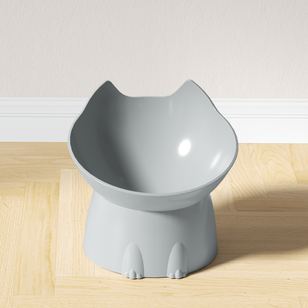 Gamelle pour chat inclinée surélevée tête de chat grise sol salon - Dîner-Levé™