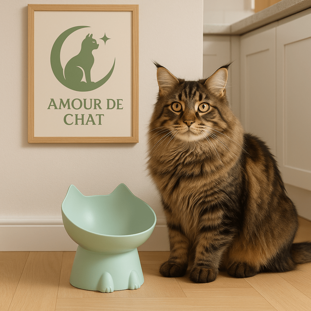 Gamelle pour chat inclinée verte design tête chat avec maine coon cuisine - Dîner-Levé™