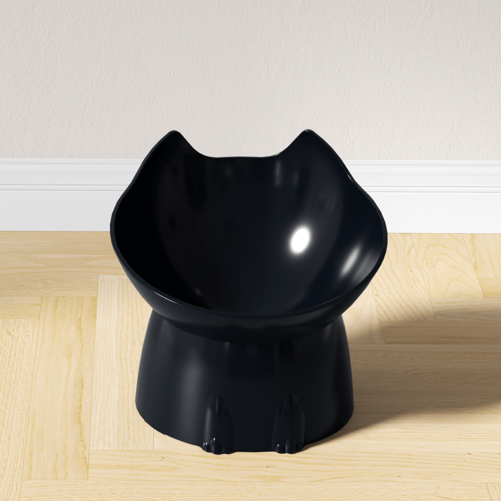 Gamelle pour chat inclinée surélevée tête de chat noire sol salon - Dîner-Levé™