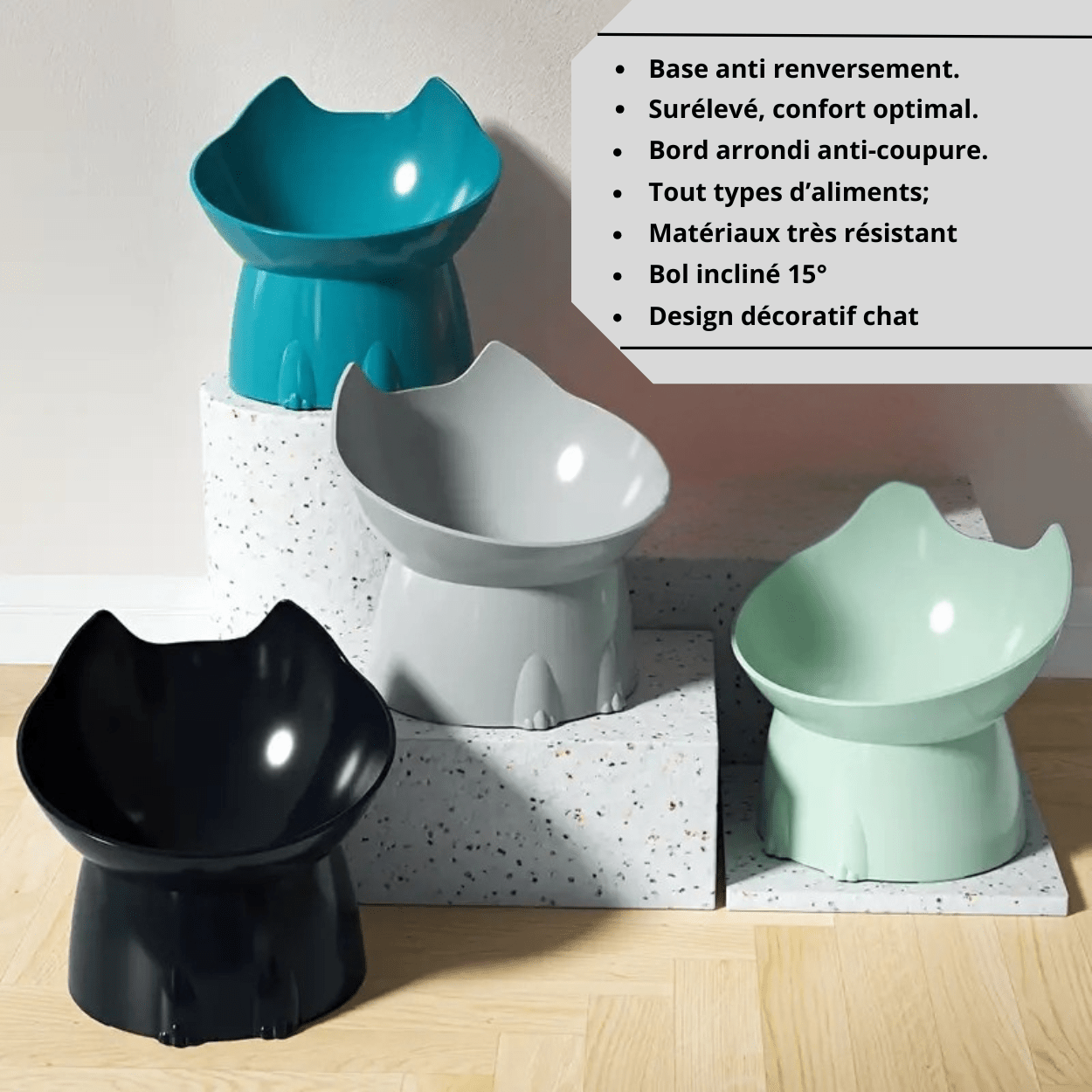 Gamelle pour chat inclinée anti renversement par 4 noire verte bleue et grises explications - Dîner-Levé™