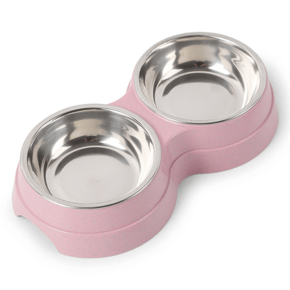 Gamelle pour chat double bol inox amovible support rose - DoubleCat-Classic™