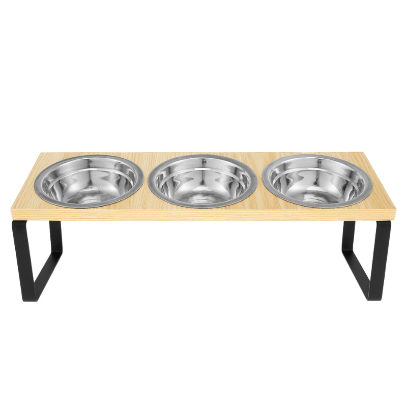 Gamelle pour chat triple bol inox support bois fer noir surélevé - Doux-Festin™
