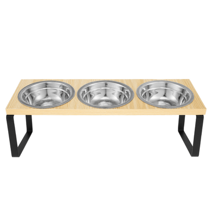 Gamelle pour chat triple bol inox support bois fer noir surélevé - Doux-Festin™