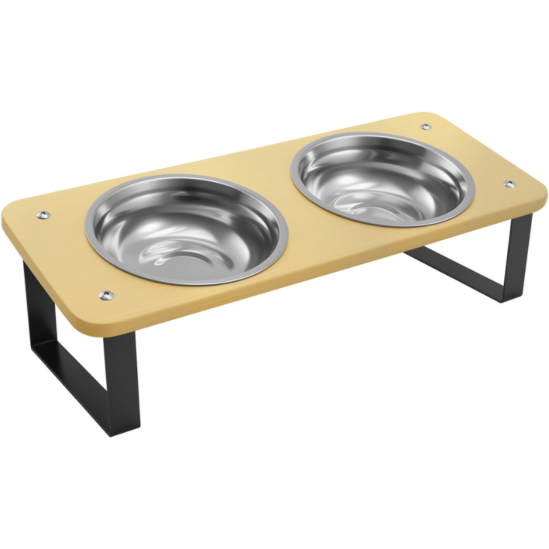 Gamelle pour chat double bol inox support bois fer noir surélevé - Doux-Festin™