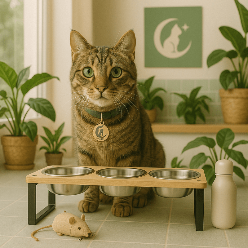 Gamelle pour chat triple bol inox support bois fer surélevé cuisine et félin - Doux-Festin™