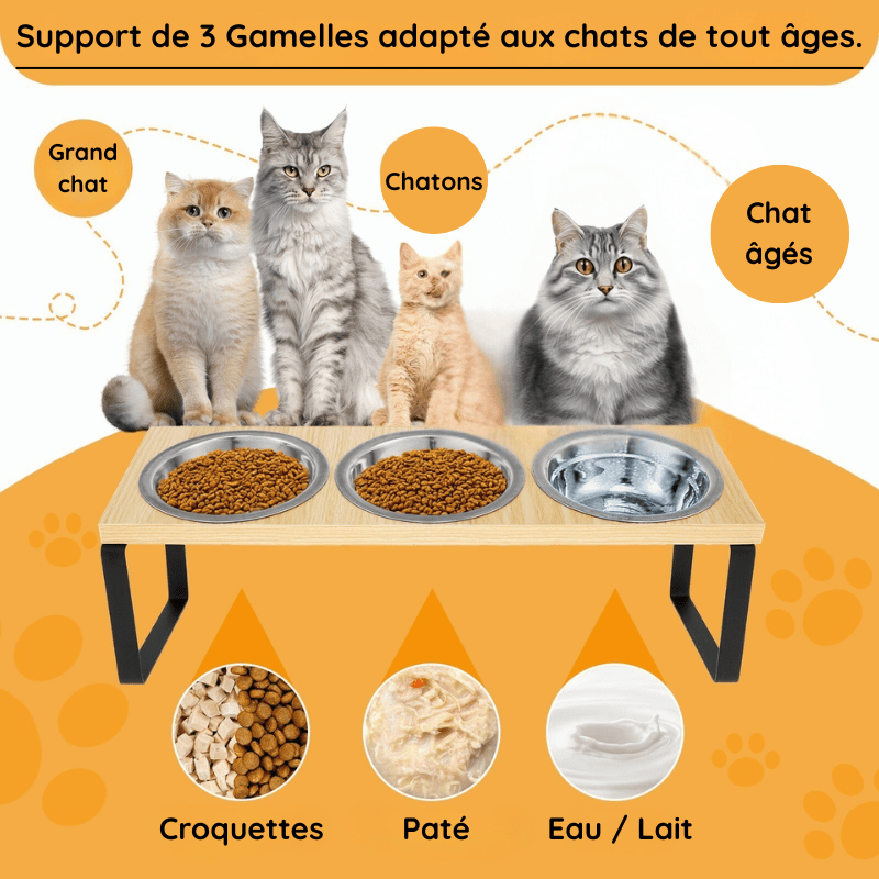 Gamelle pour chat triple adapté à tous les chats chatons et toute nourriture - Doux-Festin™