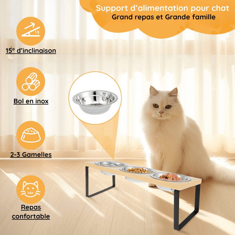 Gamelle pour chat triple inclinée 2 3 bol inox amovible surélevé confort avec félin blanc - Doux-Festin™