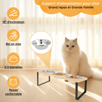 Gamelle pour chat triple inclinée 2 3 bol inox amovible surélevé confort avec félin blanc - Doux-Festin™