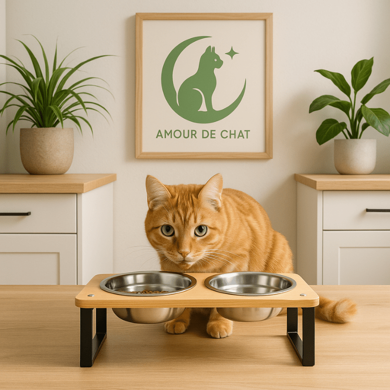 Gamelle pour chat double bol inox support surélevé bois avec félin roux dans cuisine - Doux-Festin™